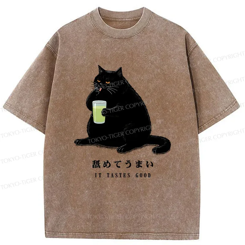 Tokyo-Tiger Cat Tasting Matcha Washed T-Shirt