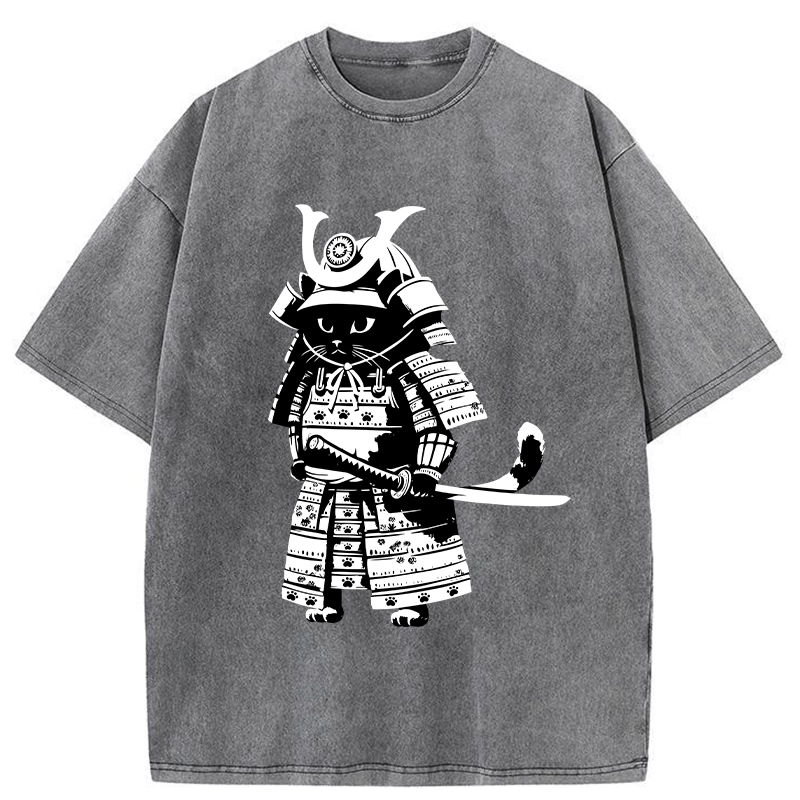 Tokyo-Tiger Japanese Samurai Black Cat Washed T-Shirt