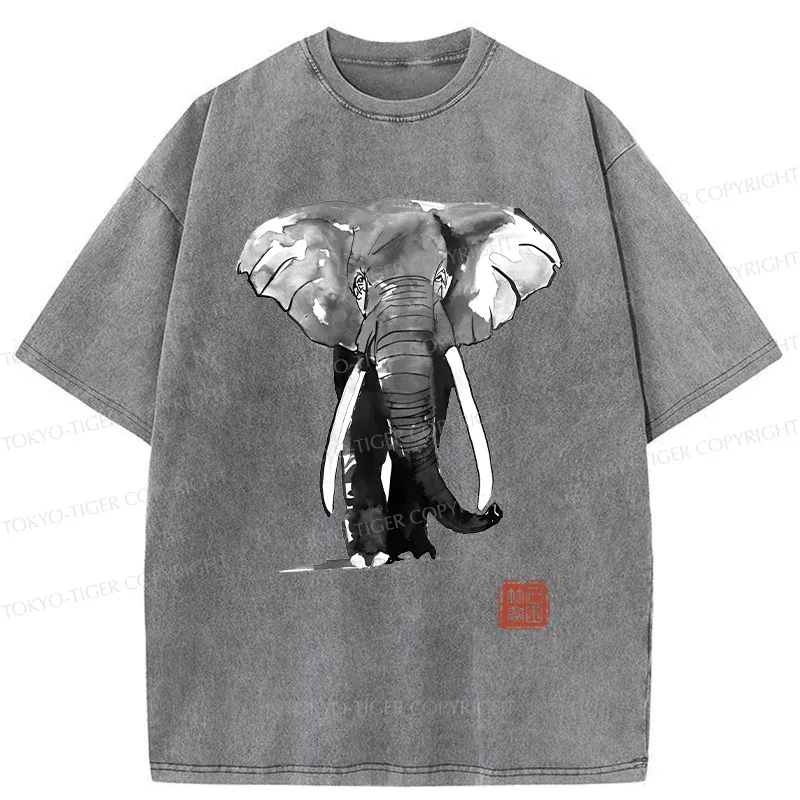 Tokyo-Tiger Elephant Ink Painting Washed T-Shirt