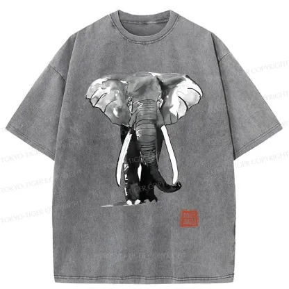 Tokyo-Tiger Elephant Ink Painting Washed T-Shirt