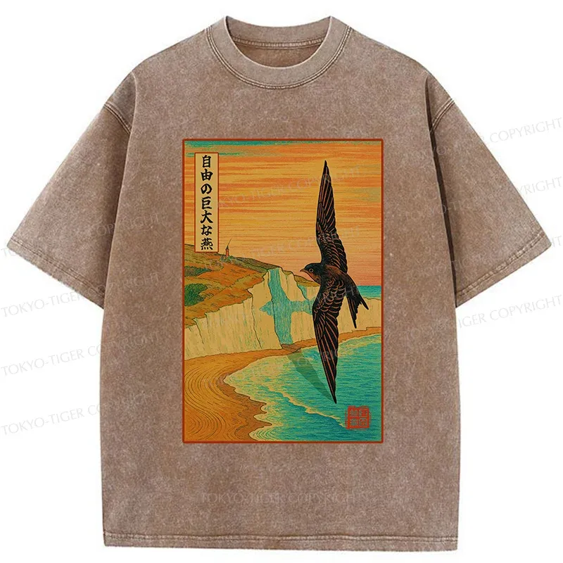 Tokyo-Tiger Large And Unconstrained Swallow Washed T-Shirt