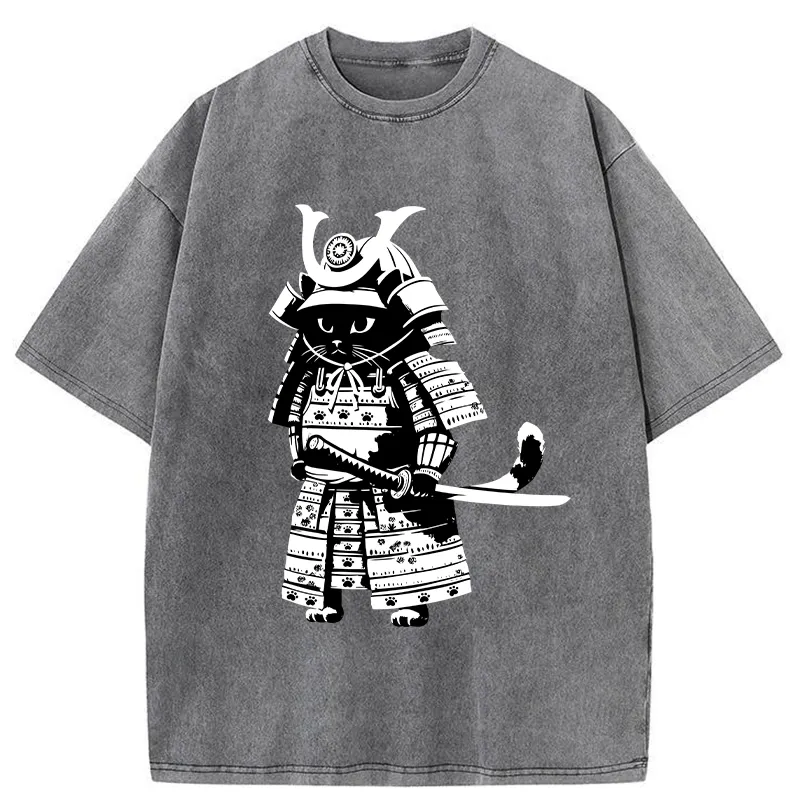 Tokyo-Tiger Japanese Samurai Black Cat Washed T-Shirt