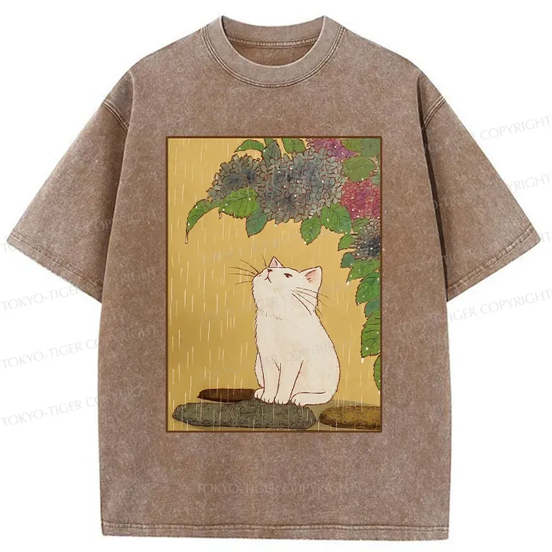 Tokyo-Tiger Cat Enjoying Flowers Washed T-Shirt