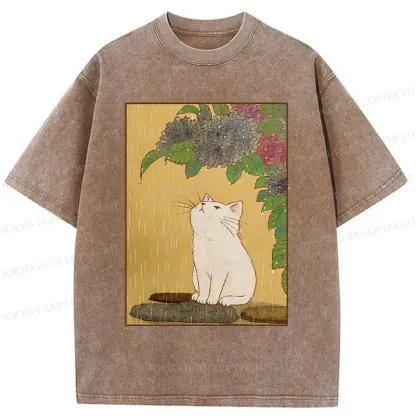 Tokyo-Tiger Cat Enjoying Flowers Washed T-Shirt