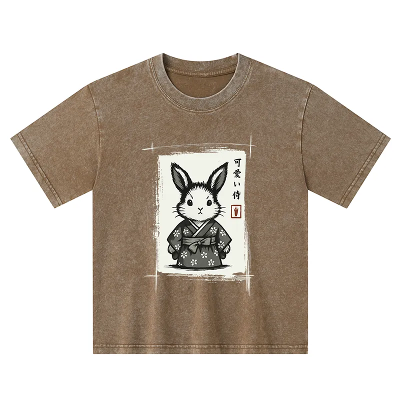 Tokyo-Tiger Woodcut Bunny Kids Washed T-Shirt