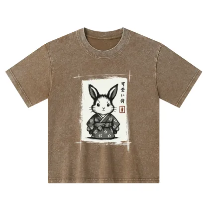 Tokyo-Tiger Woodcut Bunny Kids Washed T-Shirt