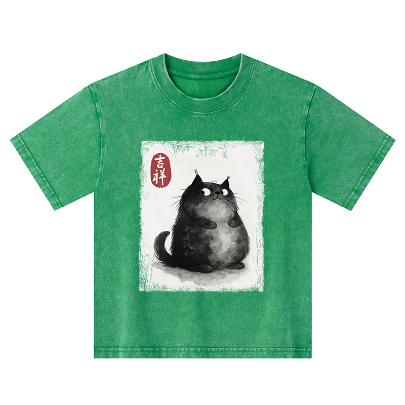 Tokyo-Tiger Auspicious Fluffy Black Cat Ink Painting Kids Washed T-Shirt