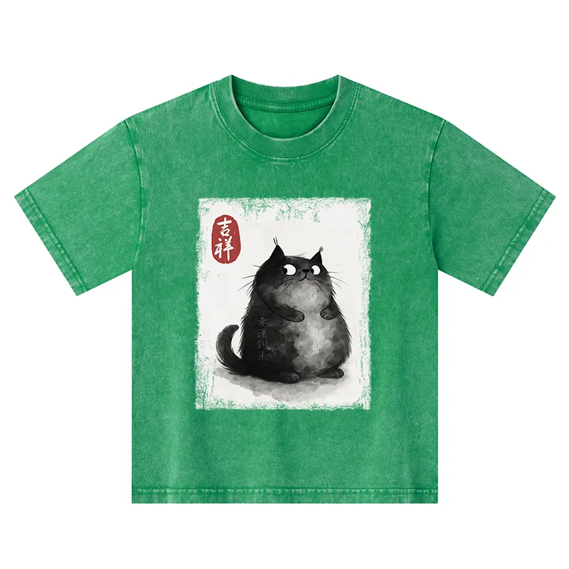 Tokyo-Tiger Auspicious Fluffy Black Cat Ink Painting Kids Washed T-Shirt