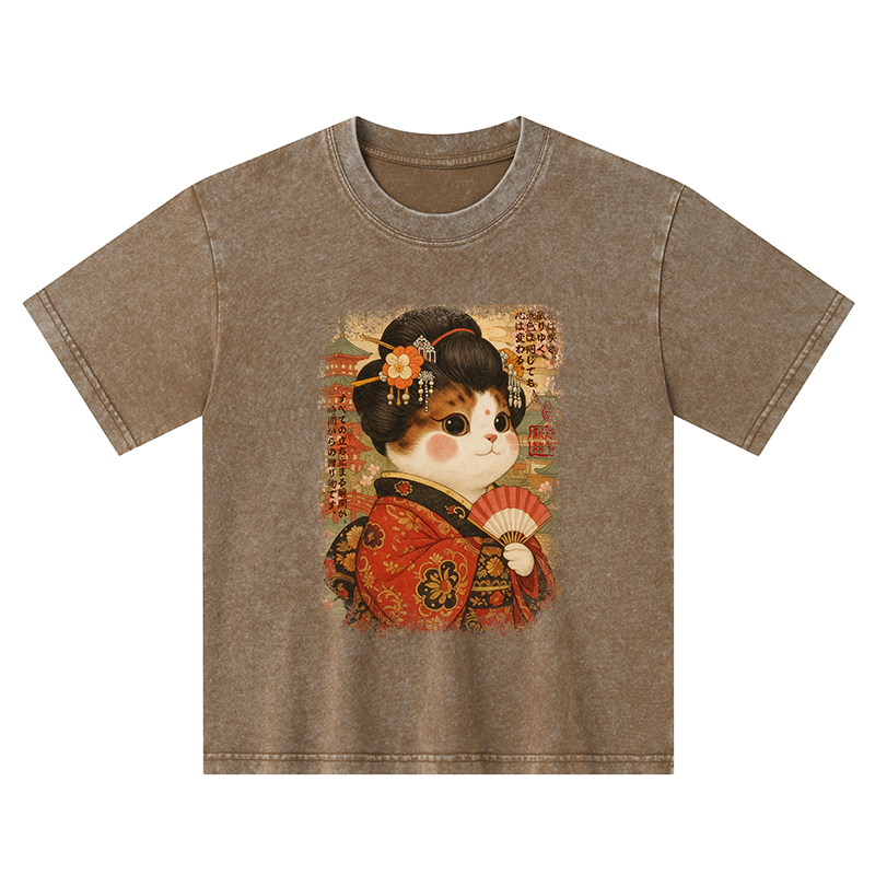 Tokyo-Tiger Ukiyoe Japanese Cat Princess Kids Washed T-Shirt