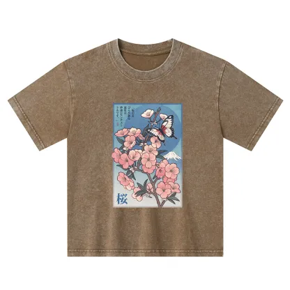 Tokyo-Tiger Ukiyoe Japanese Cherry blossoms Poster Kids Washed T-Shirt