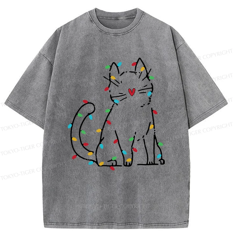 Tokyo-Tiger Christmas Lights Cat Washed T-Shirt
