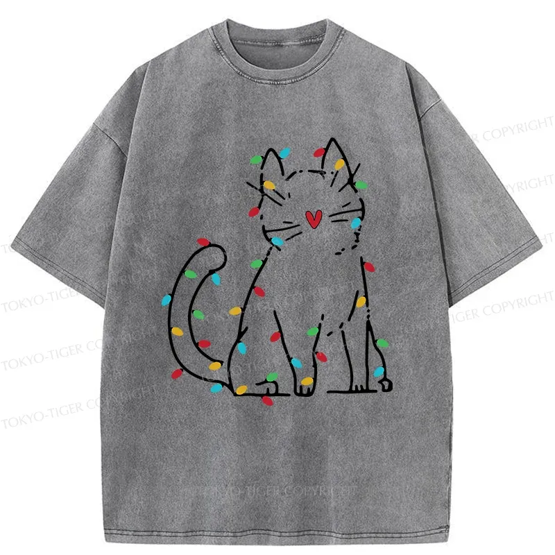 Tokyo-Tiger Christmas Lights Cat Washed T-Shirt Sale