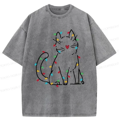 Tokyo-Tiger Christmas Lights Cat Washed T-Shirt
