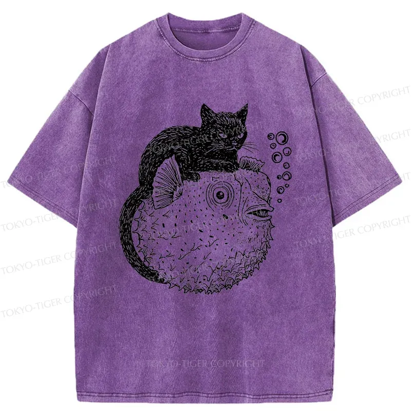 Tokyo-Tiger Black Cat Riding A Pufferfish Washed T-Shirt