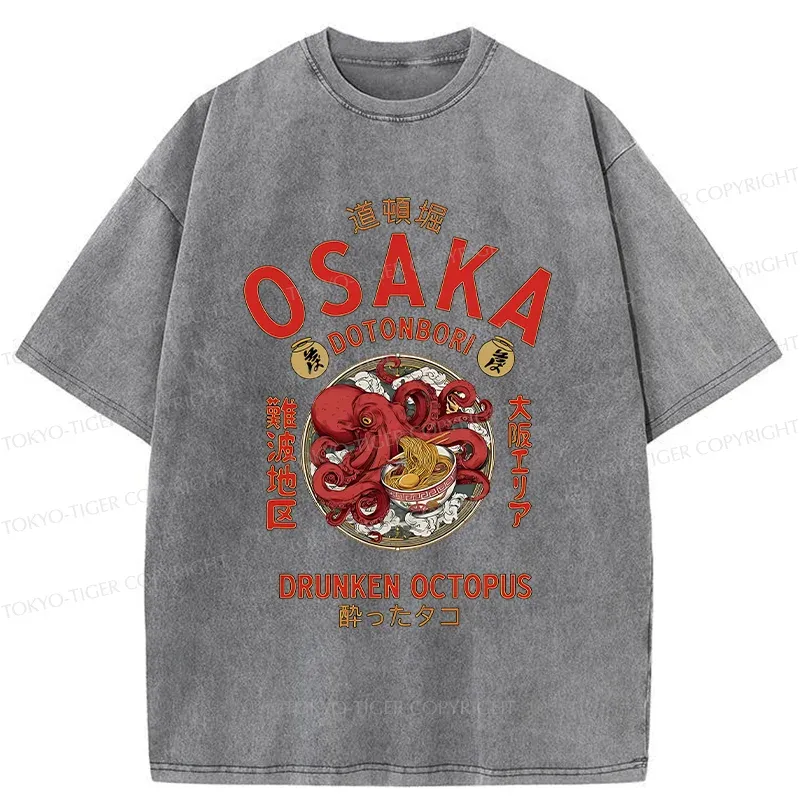 Tokyo-Tiger Osaka Octopus Eating Ramen Washed T-Shirt