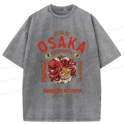 Tokyo-Tiger Osaka Octopus Eating Ramen Washed T-Shirt