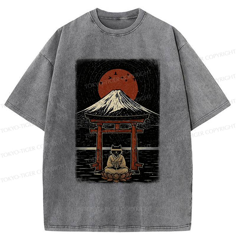 Tokyo-Tiger Samurai Cat In Meditation Washed T-Shirt