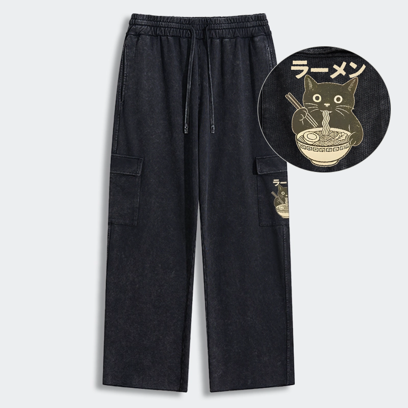 Tokyo-Tiger Simple Black Cat Eating Ramen Washed Utility Sweatpants