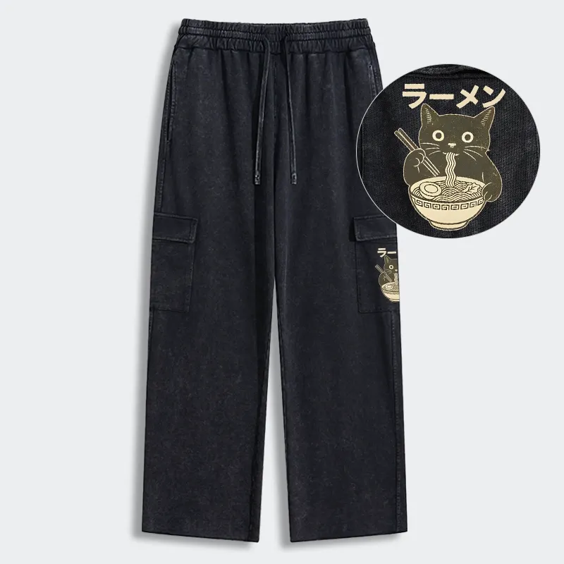 Tokyo-Tiger Simple Black Cat Eating Ramen Washed Utility Sweatpants