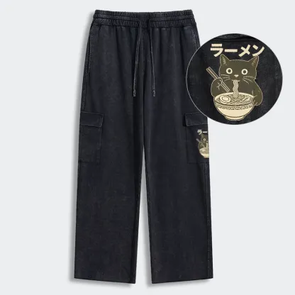 Tokyo-Tiger Simple Black Cat Eating Ramen Washed Utility Sweatpants