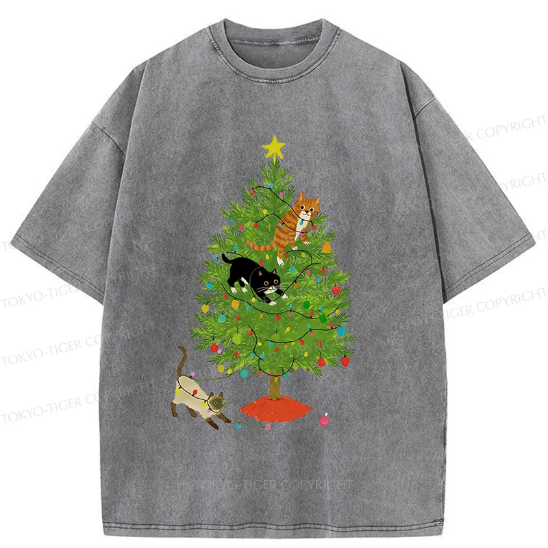 Tokyo-Tiger Cats Playing On The Christmas Tree Washed T-Shirt