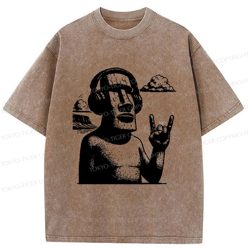 Tokyo-Tiger Rock Easter Island Statues Washed T-Shirt