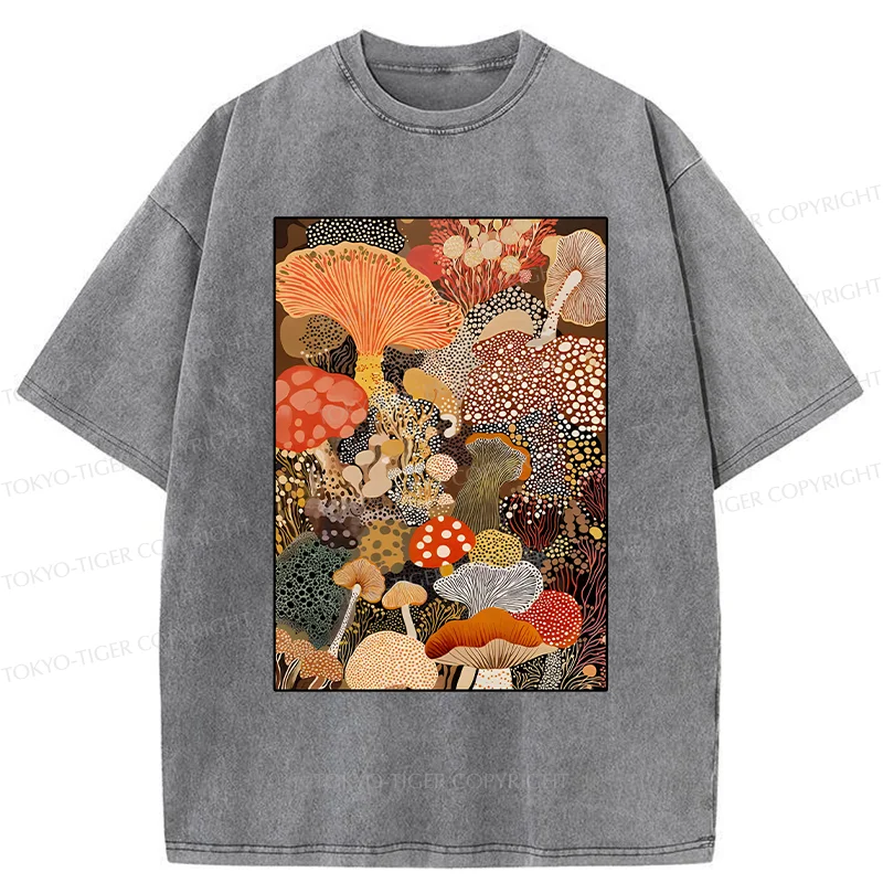 Tokyo-Tiger Psychedelic Mushroom Paintings Washed T-Shirt