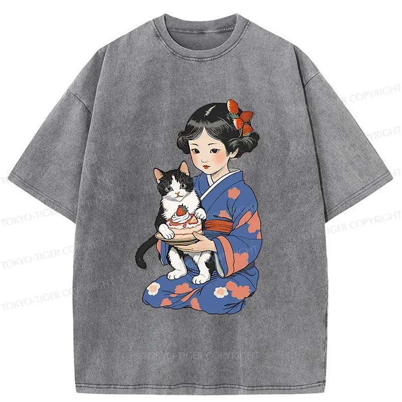 Tokyo-Tiger Japanese Child Holding A Cat Washed T-Shirt
