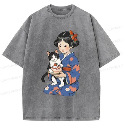 Tokyo-Tiger Japanese Child Holding A Cat Washed T-Shirt