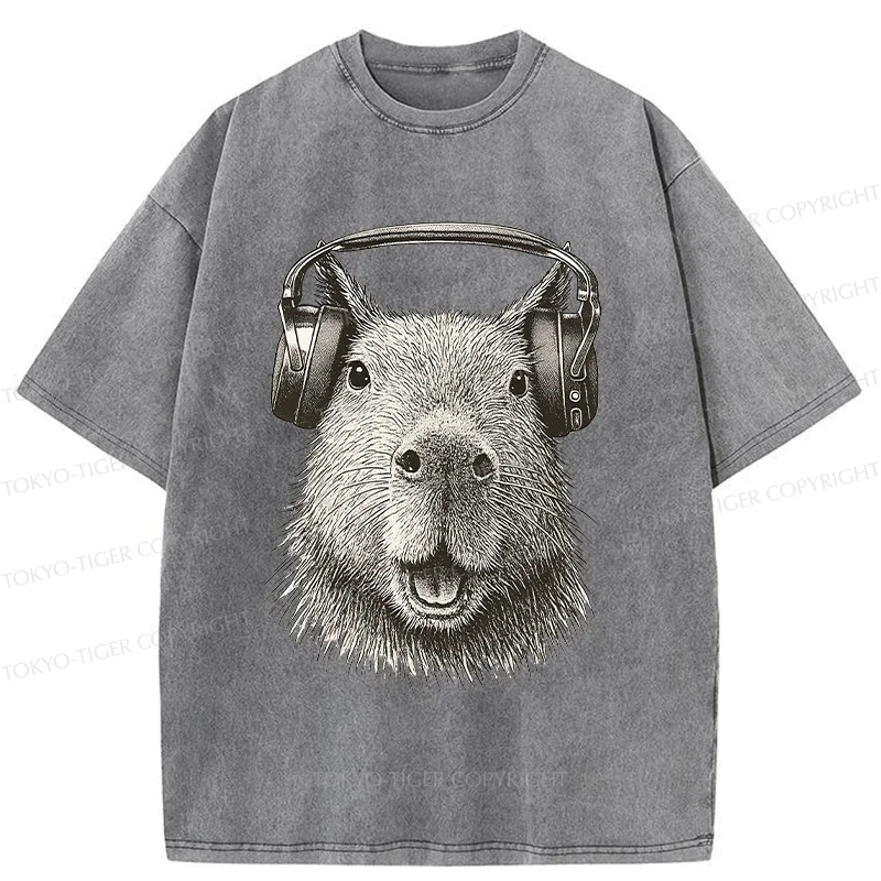 Tokyo-Tiger Capybara Listening To Music Washed T-Shirt