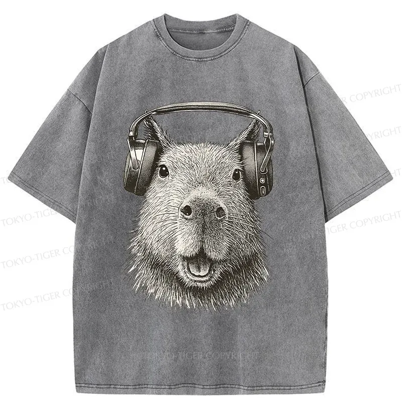 Tokyo-Tiger Capybara Listening To Music Washed T-Shirt