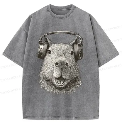 Tokyo-Tiger Capybara Listening To Music Washed T-Shirt