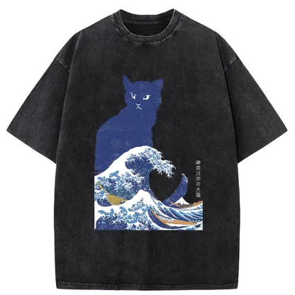 Tokyo-Tiger The Great Wave Off Cat Washed T-Shirt