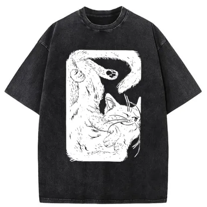 Tokyo-Tiger Funny Sleeping Cat Washed T-Shirt