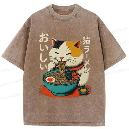 Tokyo-Tiger Cute Eat Eating Japanese Ramen Washed T-Shirt