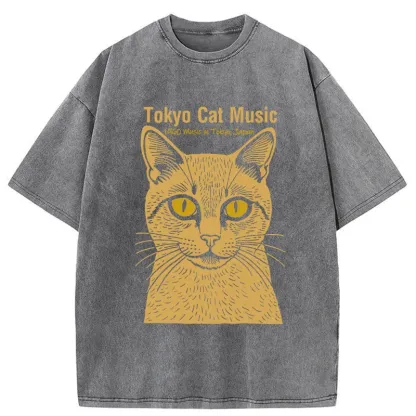 Tokyo-Tiger Tokyo Cat Music Washed T-Shirt