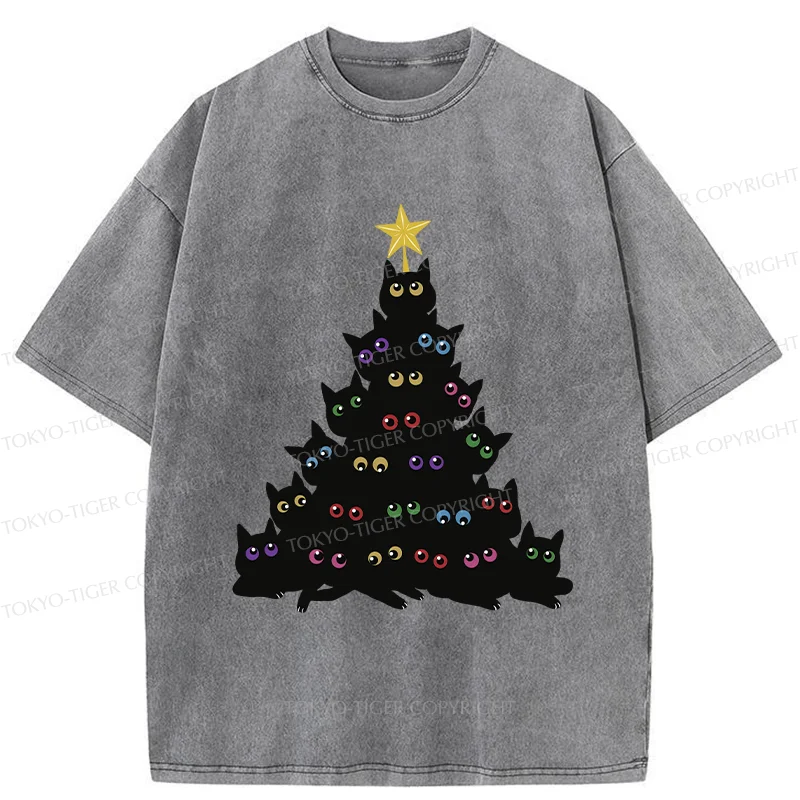 Tokyo-Tiger Cat Christmas Tree Washed T-Shirt