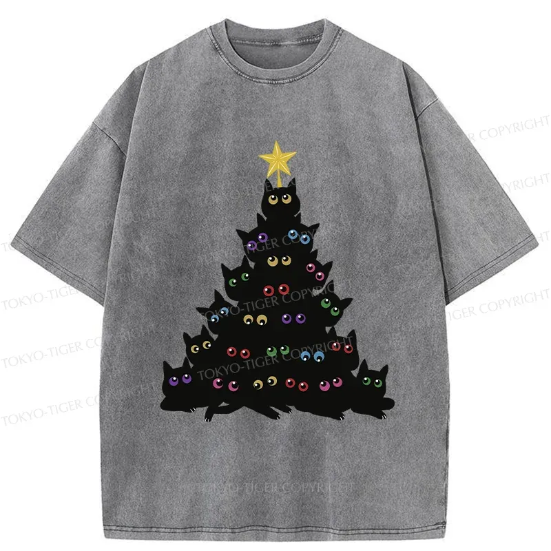 Tokyo-Tiger Cat Christmas Tree Washed T-Shirt