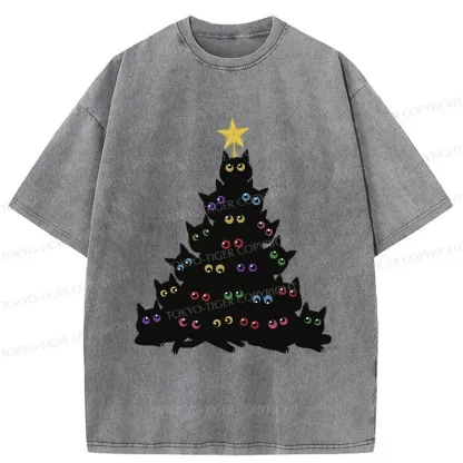 Tokyo-Tiger Cat Christmas Tree Washed T-Shirt