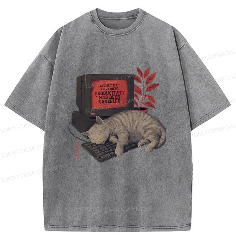 Tokyo-Tiger Cat Sleeping On Computer Washed T-Shirt