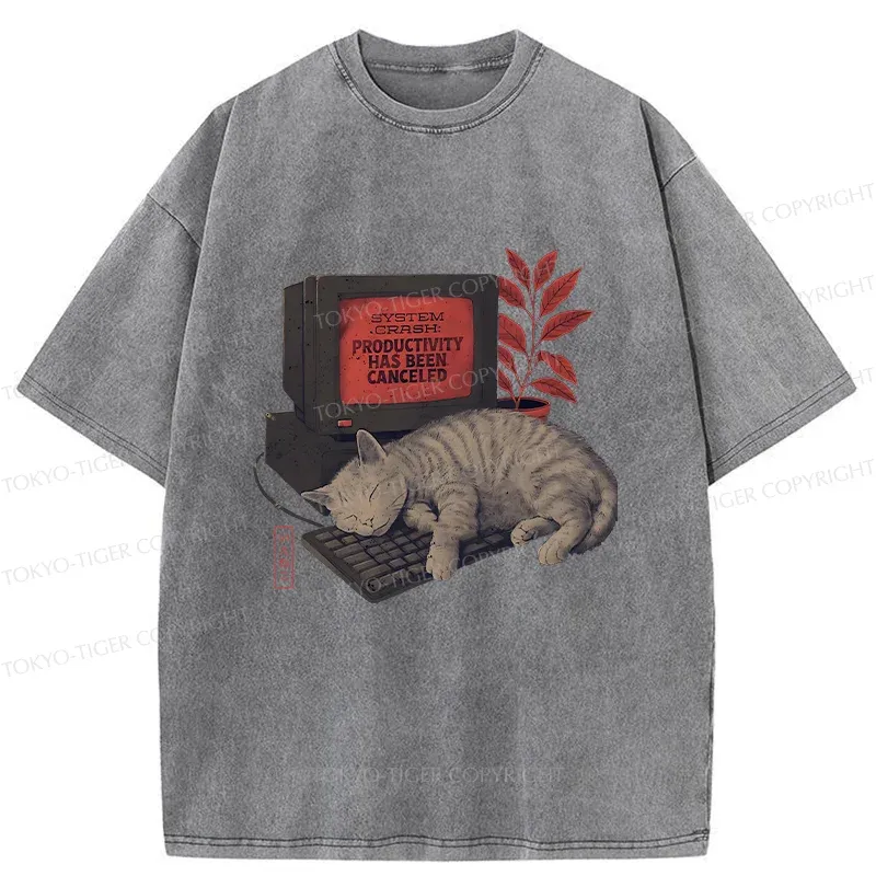 Tokyo-Tiger Cat Sleeping On Computer Washed T-Shirt