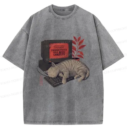 Tokyo-Tiger Cat Sleeping On Computer Washed T-Shirt