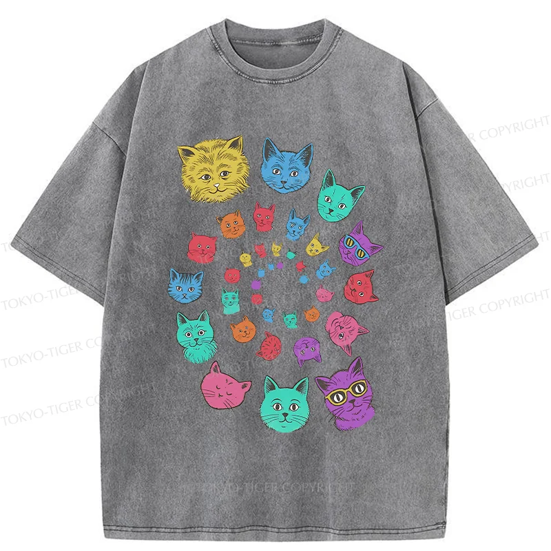 Tokyo-Tiger Psychedelic Spinning Cats Washed T-Shirt