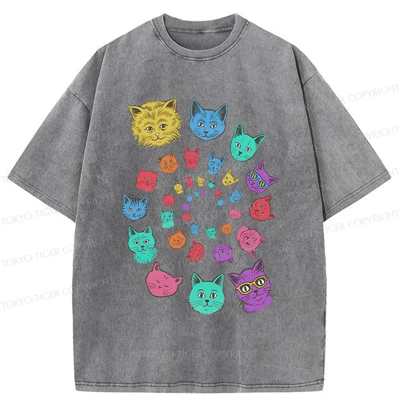 Tokyo-Tiger Psychedelic Spinning Cats Washed T-Shirt