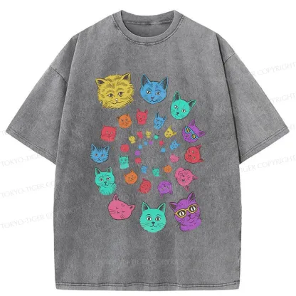 Tokyo-Tiger Psychedelic Spinning Cats Washed T-Shirt