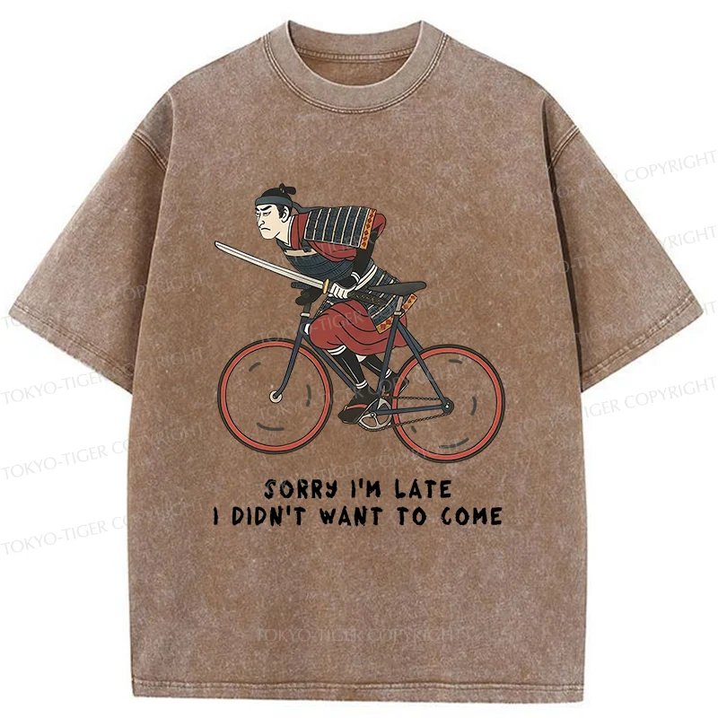 Tokyo-Tiger Samurai Riding A Bicycle Japanese Washed T-Shirt