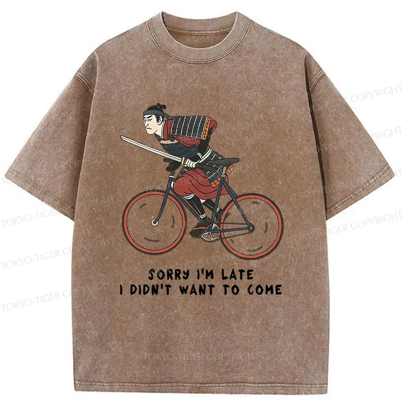 Tokyo-Tiger Samurai Riding A Bicycle Japanese Washed T-Shirt