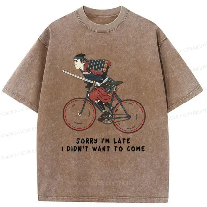 Tokyo-Tiger Samurai Riding A Bicycle Japanese Washed T-Shirt