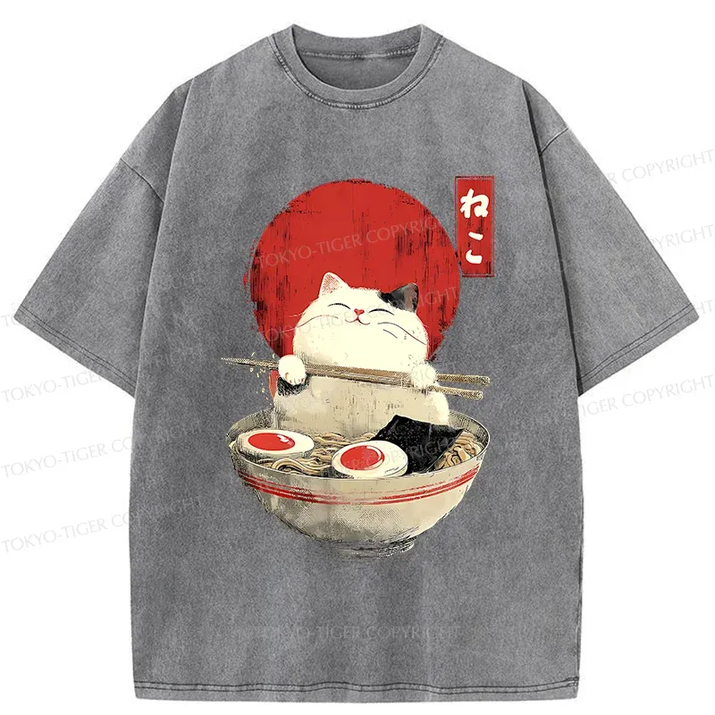 Tokyo-Tiger White Cat Ramen Washed T-Shirt