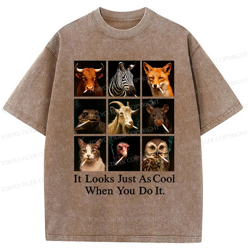 Tokyo-Tiger Various Animals Smoking Washed T-Shirt